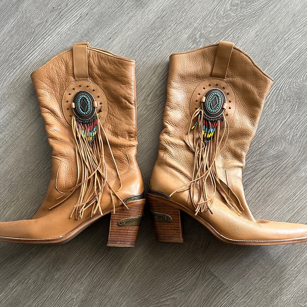 Codewest Tan Leather Fringe Western Boots